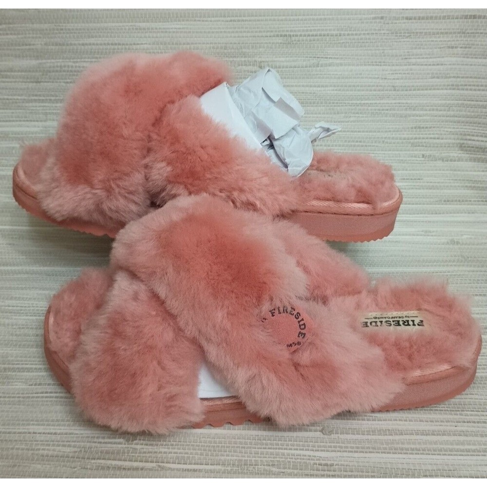 Ladies Fireside By Dearfoams Pink New Castle Fuzzy Furry Slide On Slipper Size 9